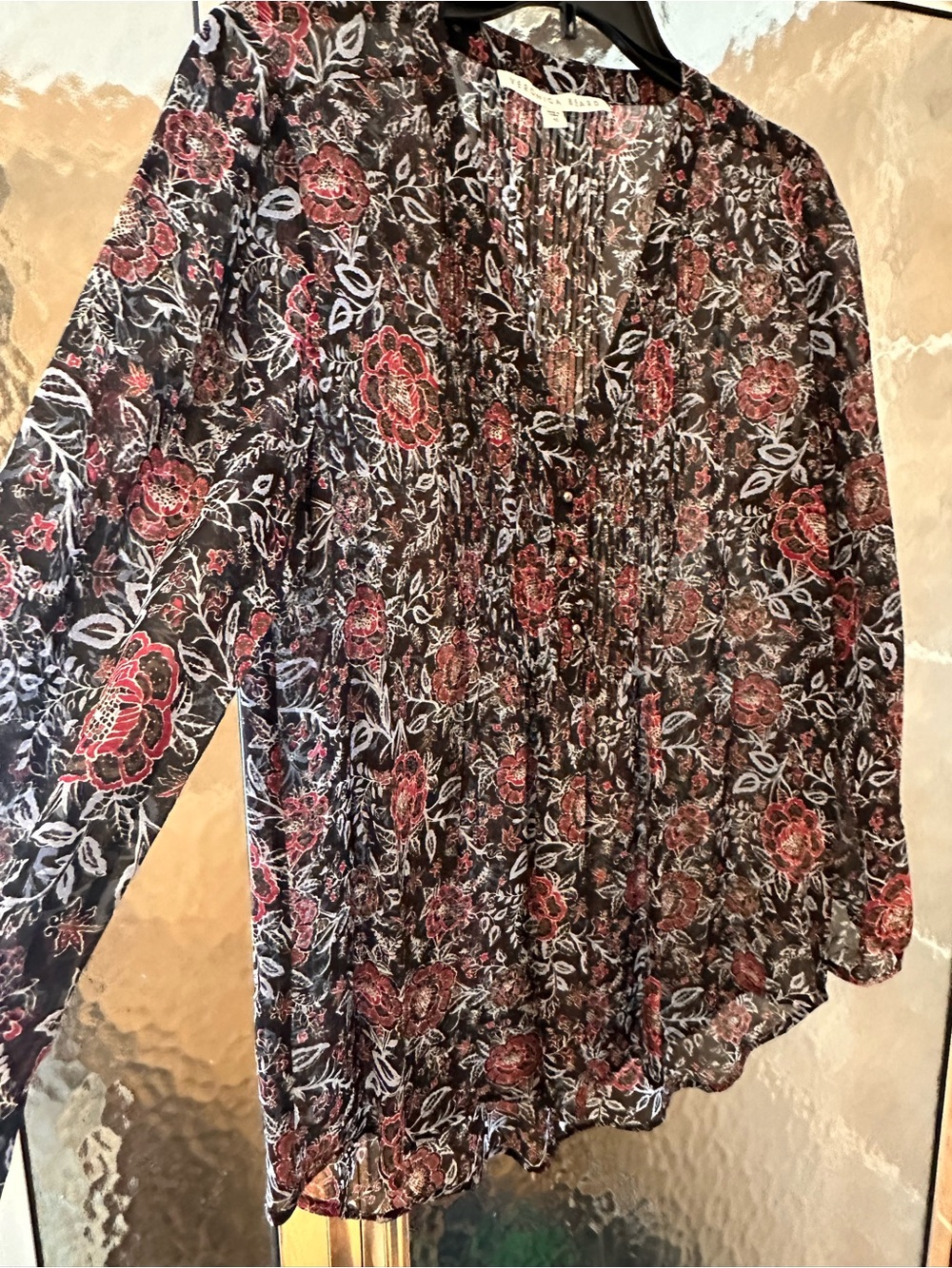 Veronica Beard Black Silk Sheer Floral Pintuck Peasant Blouse - Picture 3 of 12